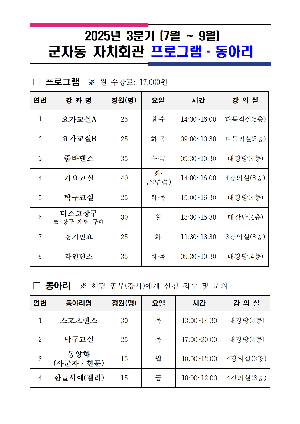 2025년 3분기 군자동 자치회관 프로그램 수강생 모집 안내002