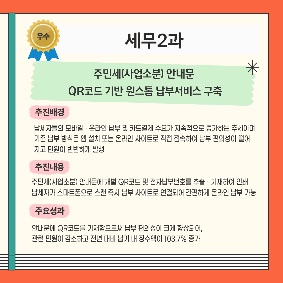 2025년 하반기 광진구 적극행정 우수사례 우수 - 주민세(사업소분) 안내문 QR코드 기반 원스톱 납부서비스를 구축하다(세무2과)