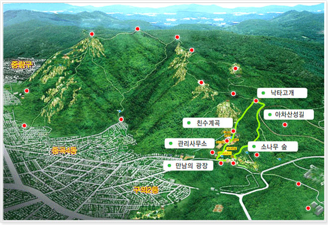 아차산생태공원-소나무숲-아차산길-낙타고개-친수계곡-아차산관리사무소-만남의광장