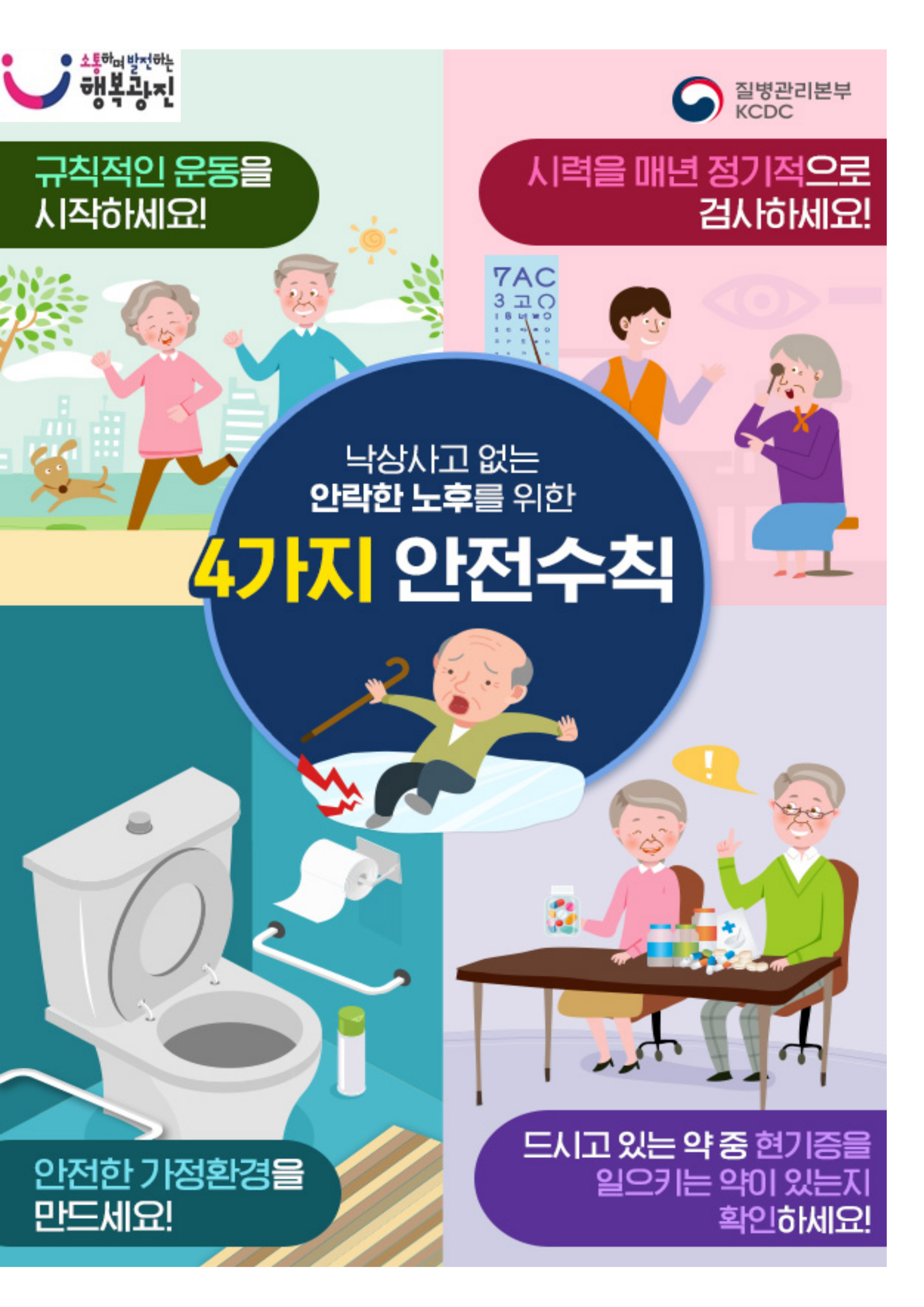 소통하며 발전하는 행복광진 규칙적인 운동을 시작하세요! 시력을 매년 정기적으로 검사하세요! 낙상사고 없는 안락한 노후를 위한 4가지 안전수칙 안전한 가정환경을 만드세요! 드시고 있는 약 중 현기증을 일으키는 약이 있는지 확인하세요!