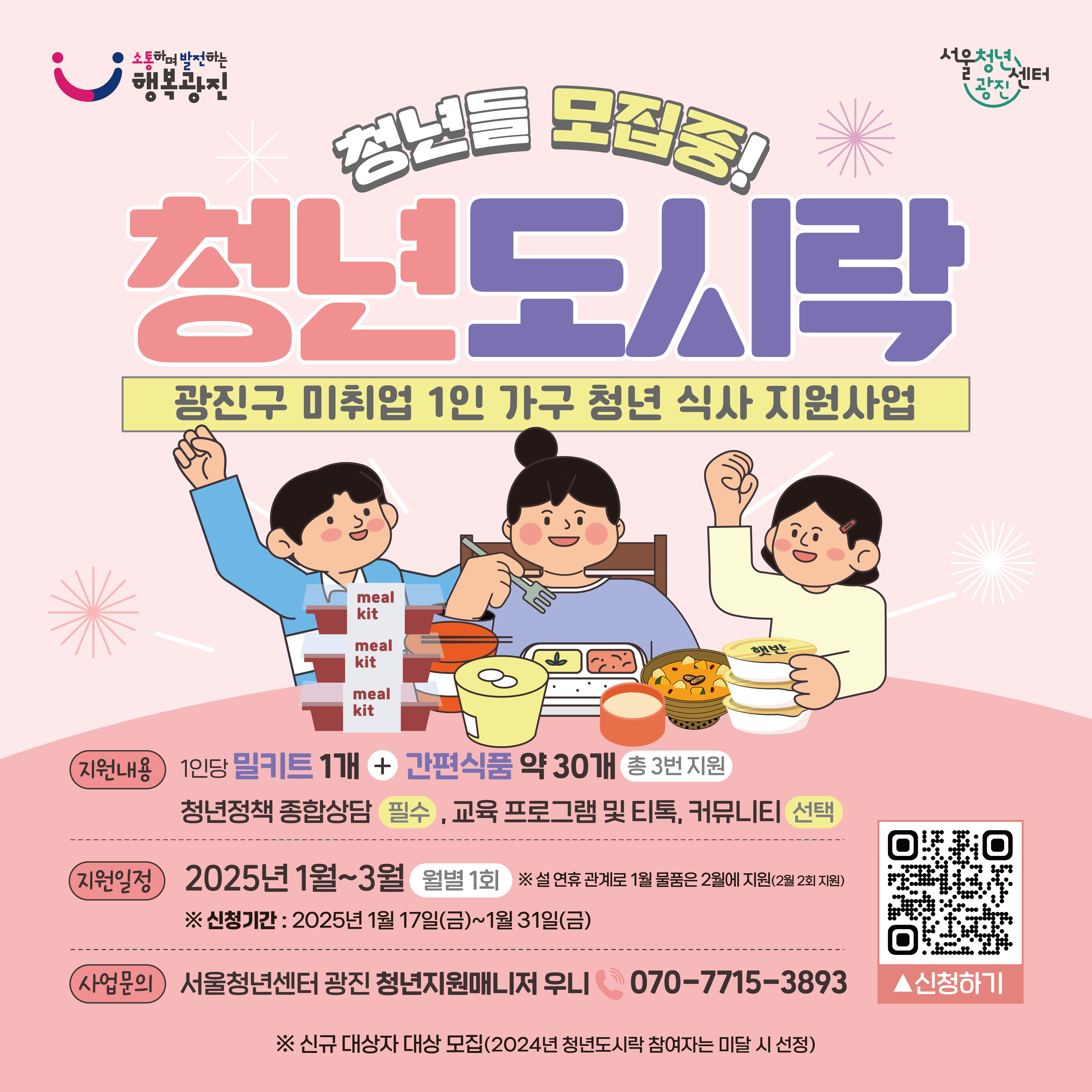 신청기간 : 2025년 1월 17일(금)~1월 31일(금) (지원자격을 갖춘 자에 한해 선착순 접수, 올해 신규 대상자 모집 우선)  지원내용 : 1인당 밀키트1개 + 간편식품 약 30개(총 3번 지원) * 선정 시 25년도에 한해 1,2,3월 3개월 지급   지원대상 : 광진구 거주(주소를 둔) 미취업 1인가구 청년(19~39세) 100명   제출서류 : 신청서, 1개월 이내 발급된 등본, 1개월 이내 발급된 건강보험자격득실확인서 각 1부   신청방법 : 광진구청 일자리청년과 이메일 접수신청(gjyouth@gwangjin.go.kr)