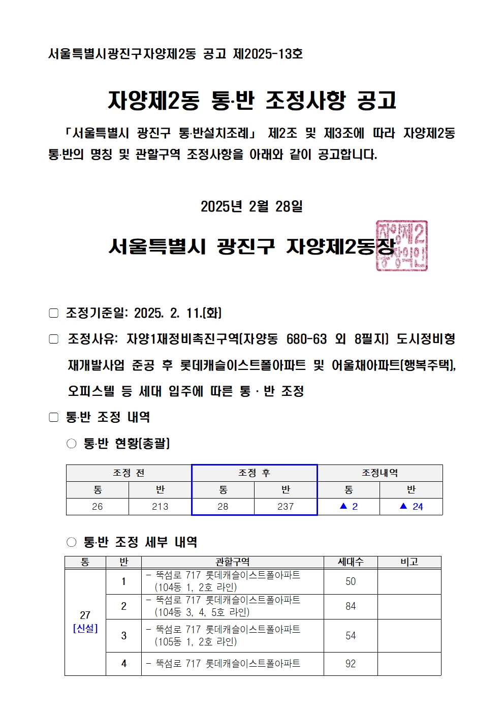 자양제2동 통반조정 공고문