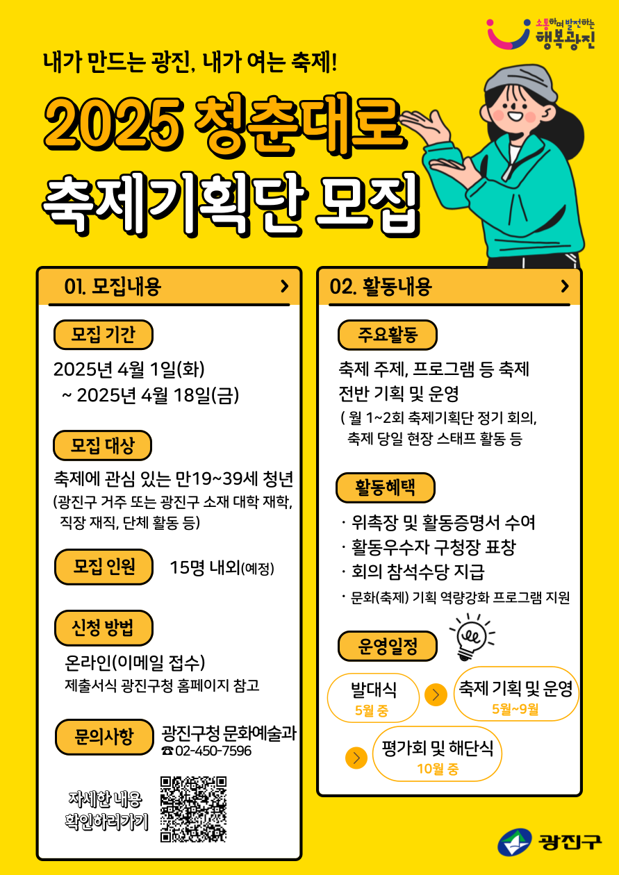 □ 모집개요    ○ 모집기간: 2025. 4. 1.(화) ~ 4. 18.(금)      ※ 2025. 5. 2.(예정) 홈페이지 공고문 게재 및 합격자 개별 통보    ○ 모집인원: 15명 내외(예정)    ○ 모집대상: 축제에 관심있는 만19~39세 이하 청년 중 아래의 자격 중 1개 이상을 충족하는 자       - 광진구에 주민등록이 되어 있는 청년- 광진구 소재 대학교 재학 또는 직장 재직 청년- 광진구 소재 청년단체 소속 청년    ○ 활동기간: 2025. 5월 ~ 10월     ○ 활동내용: 축제기획단 구축, 축제 전반 기획 및 운영 관련 실무 활동    ○ 활동혜택       - 위촉장 및 활동증명서(전체 활동 80% 이상 참여 시) 수여- 회의참석수당 지급 및 활동우수자 구청장 표창    ○ 신청방법: 지원신청서 이메일 제출