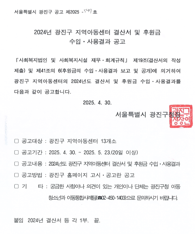 ▢ 공고대상 : 광진구 지역아동센터 13개소 ▢ 공고기간 : 2025. 4. 30. ~ 2025. 5. 23.(20일 이상) ▢ 공고내용 : 2024년도 광진구 지역아동센터 결산서 및 후원금 수입·사용결과 ▢ 공고방법 : 광진구 홈페이지 고시·공고란 공고 ▢ 기    타 : 궁금한 사항이나 의견이 있는 개인이나 단체는 광진구청 아동청소년과 아동통합사례팀(☎02-450-1403)으로 문의하시기 바랍니다.