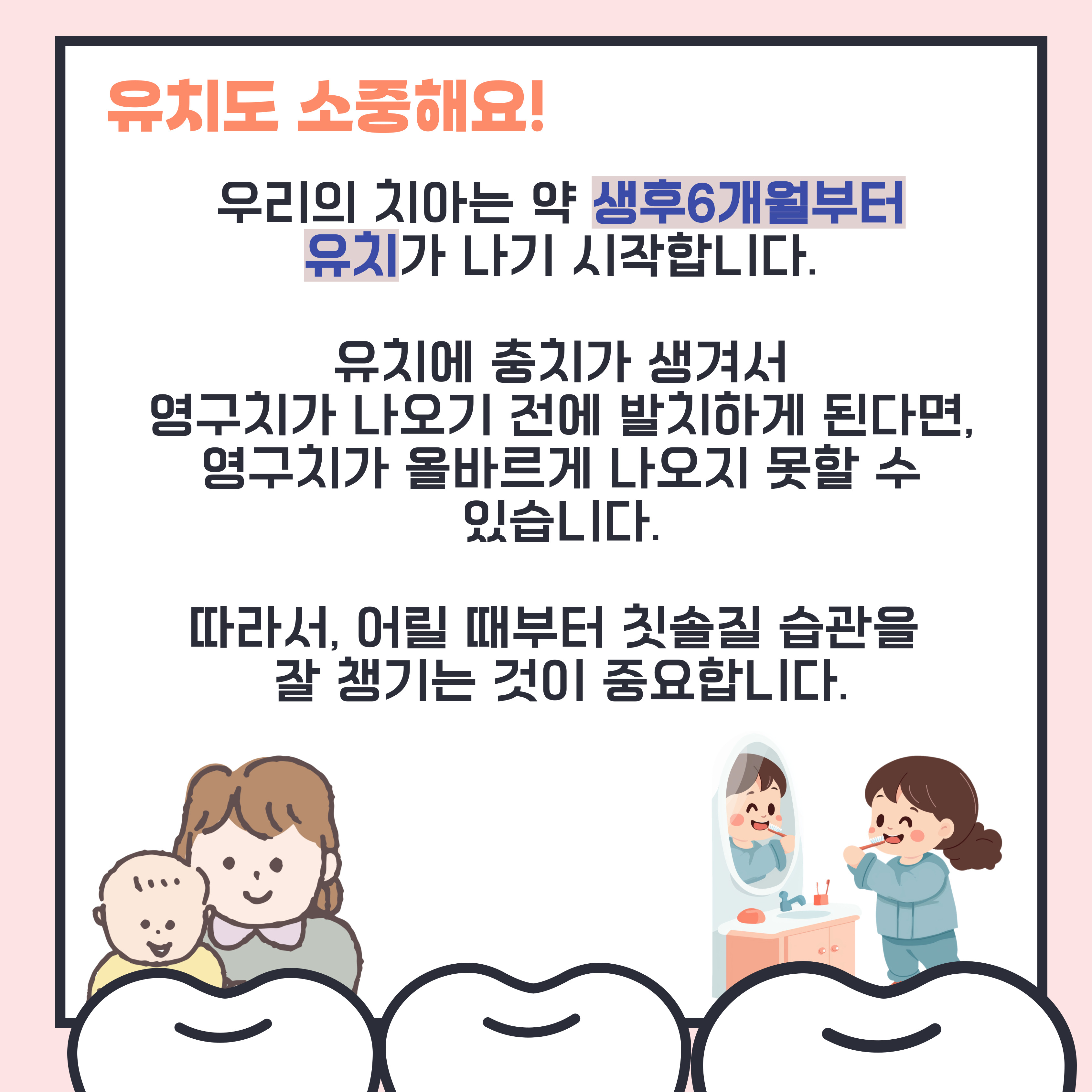 유치는 생후 6개월 부터 나기 시작. 유치에 충치가 생긴다면 영구치에 영향을 주기 때문에 어릴적부터 칫솔질을 잘 챙기는 것이 중요.