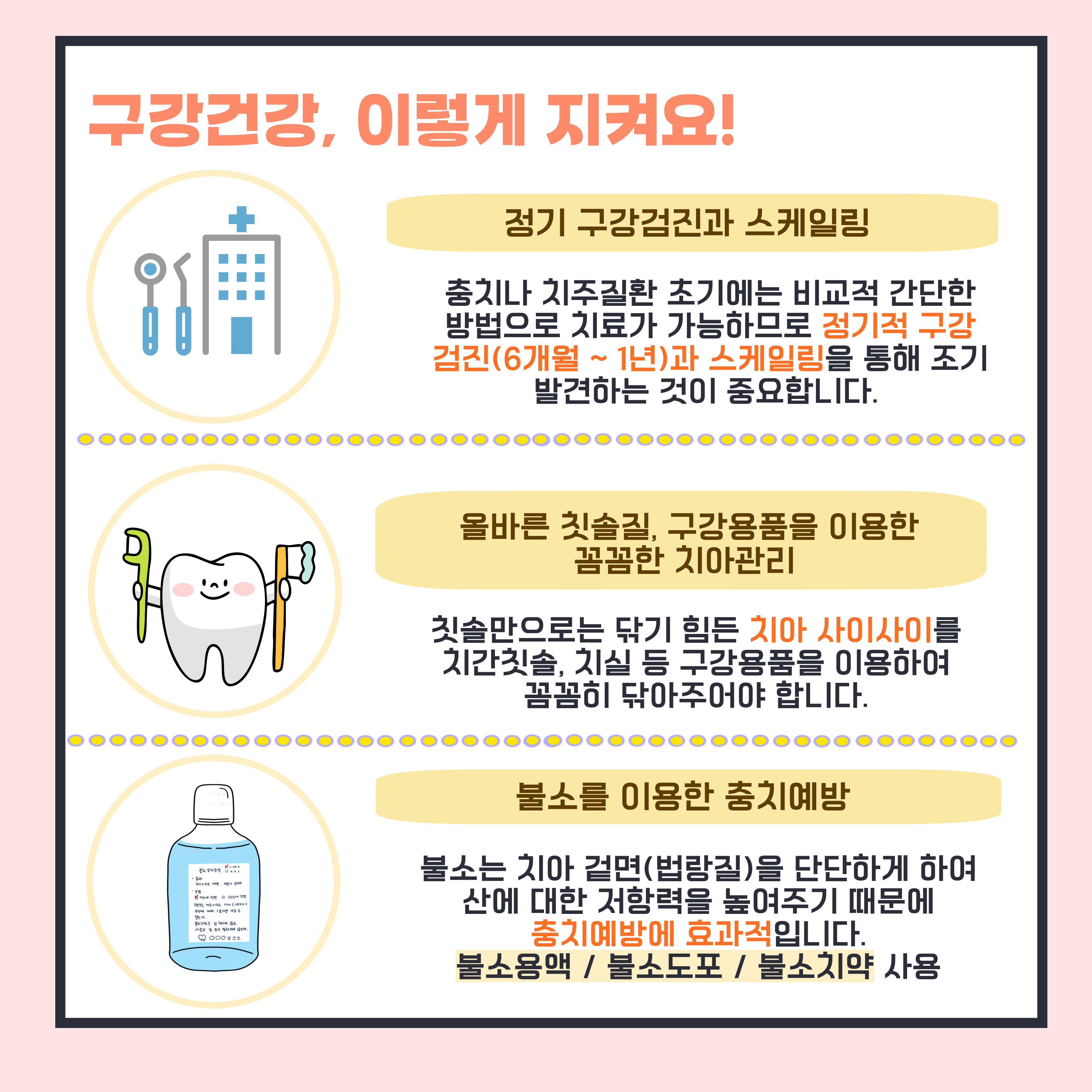 정기 구강검진과 스케일링, 올바른 칫솔질과 구강용품사용 그리고 불소(불소용액, 불소도포, 불소치약)를 이용하여 구강건강 지킬 수 있음.