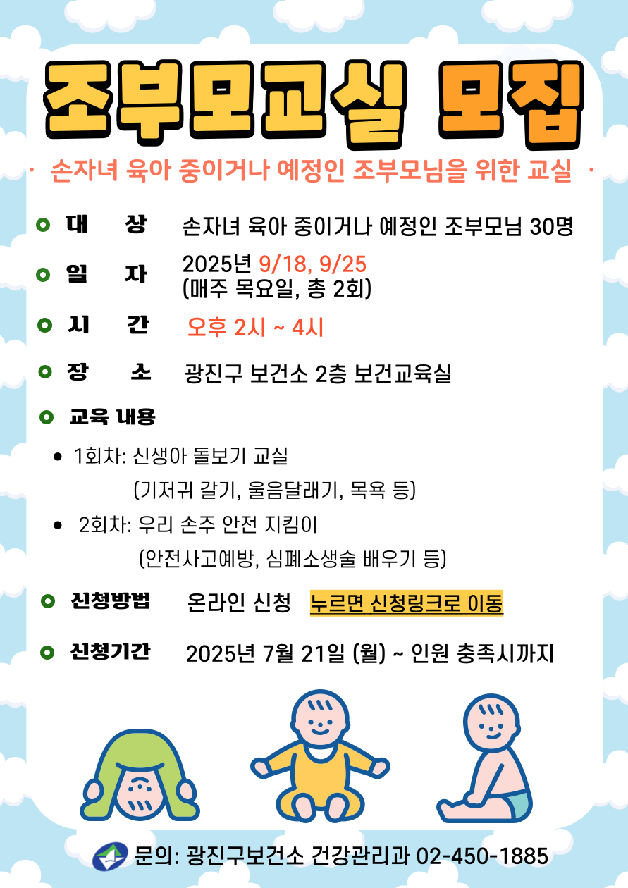 조부모 교실 모집 손자녀 육아 중 또는 육아 예정 있는 조부모님을 위한 교실 ·대     상: 손자녀 육아 중 또는 육아 예정 있는 조부모님 30명 ·일     자: 2025년 9/18, 9/25 *매주 목요일 총2회 ·시     간: 오후 2시~4시 ·장     소: 광진구 보건소 2층 보건교육실 ·교육 내용  - 1회차: 신생아 돌보기(기저귀 갈기, 울음달래기, 목욕 등) - 2회차: 우리 손주 안전 지킴이 (안전사고예방, 심폐소생술 배우기 등)  ·신청방법: 온라인 신청   누르면 신청링크로 이동 ·신청기간: 2025년 7월 21일 (월) ~ 인원 충족시까지  ·문의: 건강관리과 02-450-1885