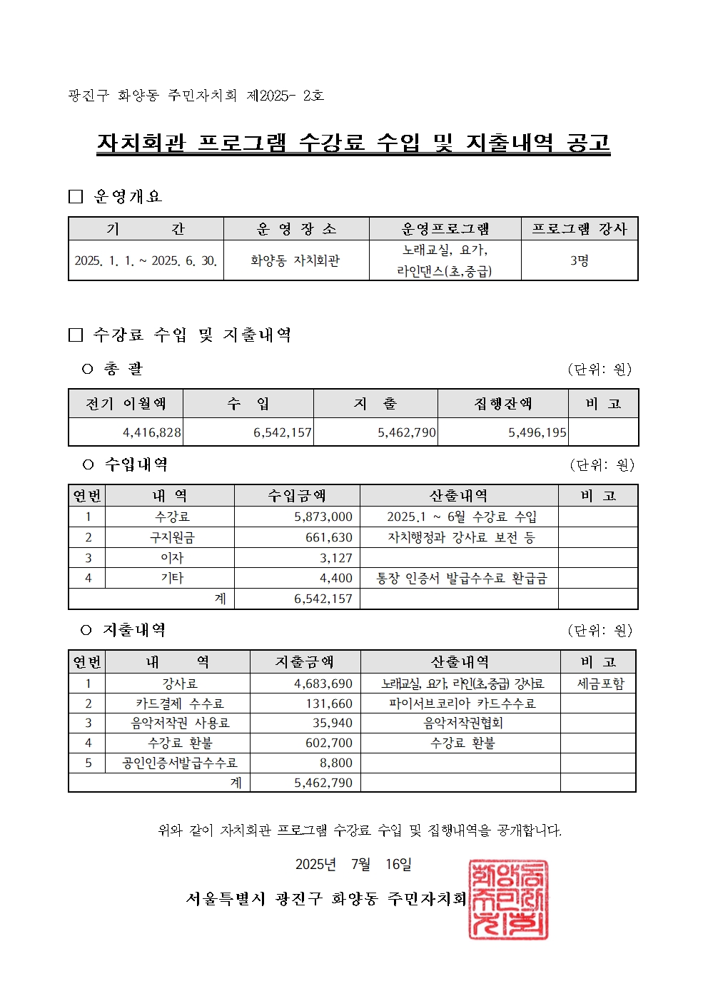 수입지출공고문