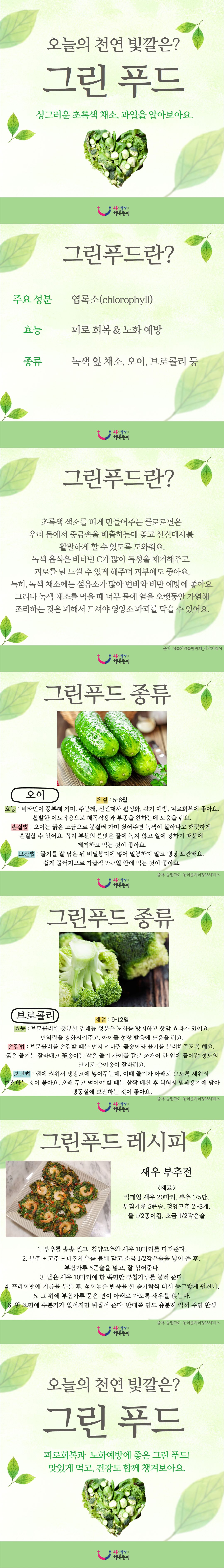 9월 첫 번째 영양정보는 <컬러푸드-그린>에 대한 내용입니다.  알록달록한 채소, 과일의 색깔마다 다른 영양성분이 들어있는 거 알고 계셨나요?  이번에는 초록색 채소, 과일에 대하여 알아봅시다.    ※출처: 식품의약품안전처, 농업ON_농식품지식정보서비스  ※문의사항은 ☎02-450-1582로 연락바랍니다.